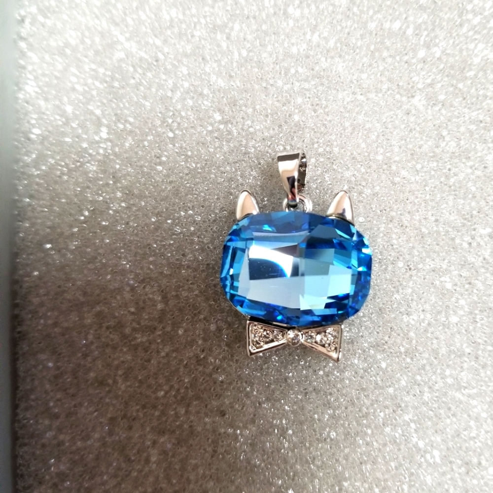 Swarovski Lake Blue Crystal Cat Pendant